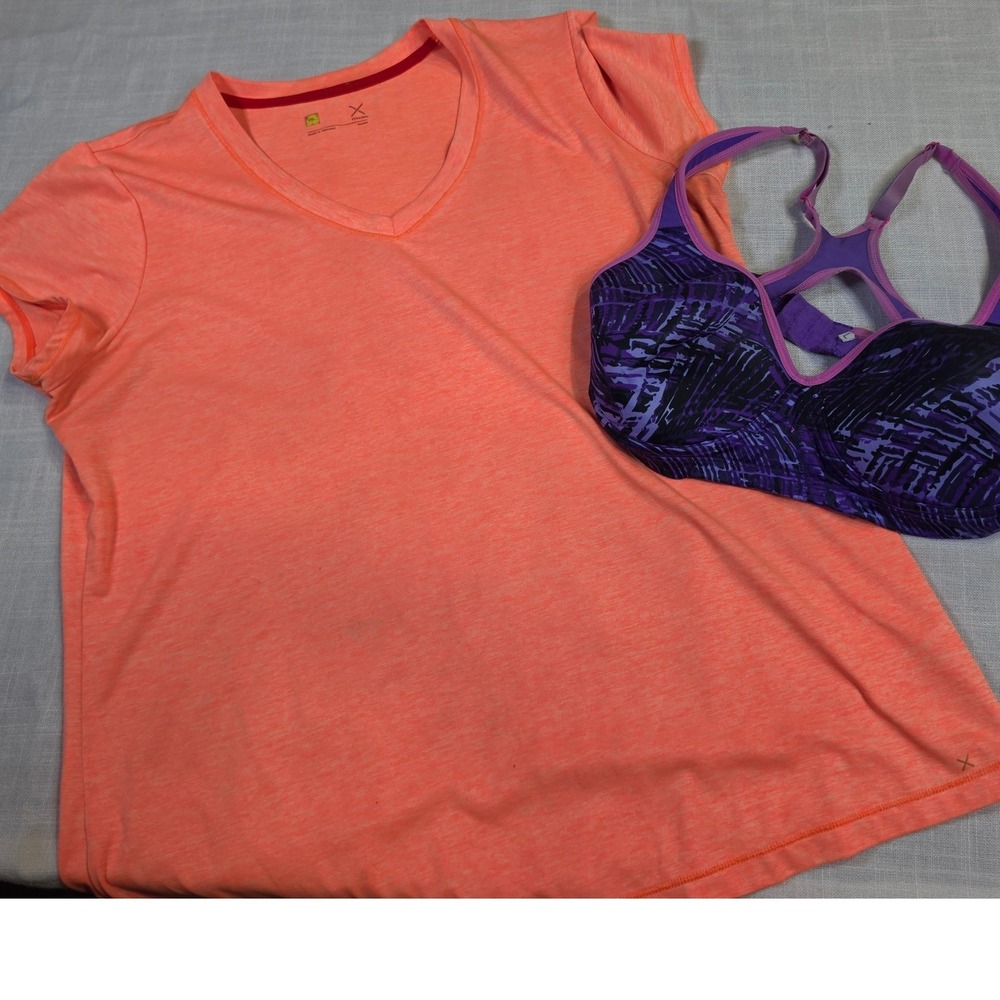 Xersion Womens Activewear Set Orange V-Neck Tee and Purple Abstract Sports Bra